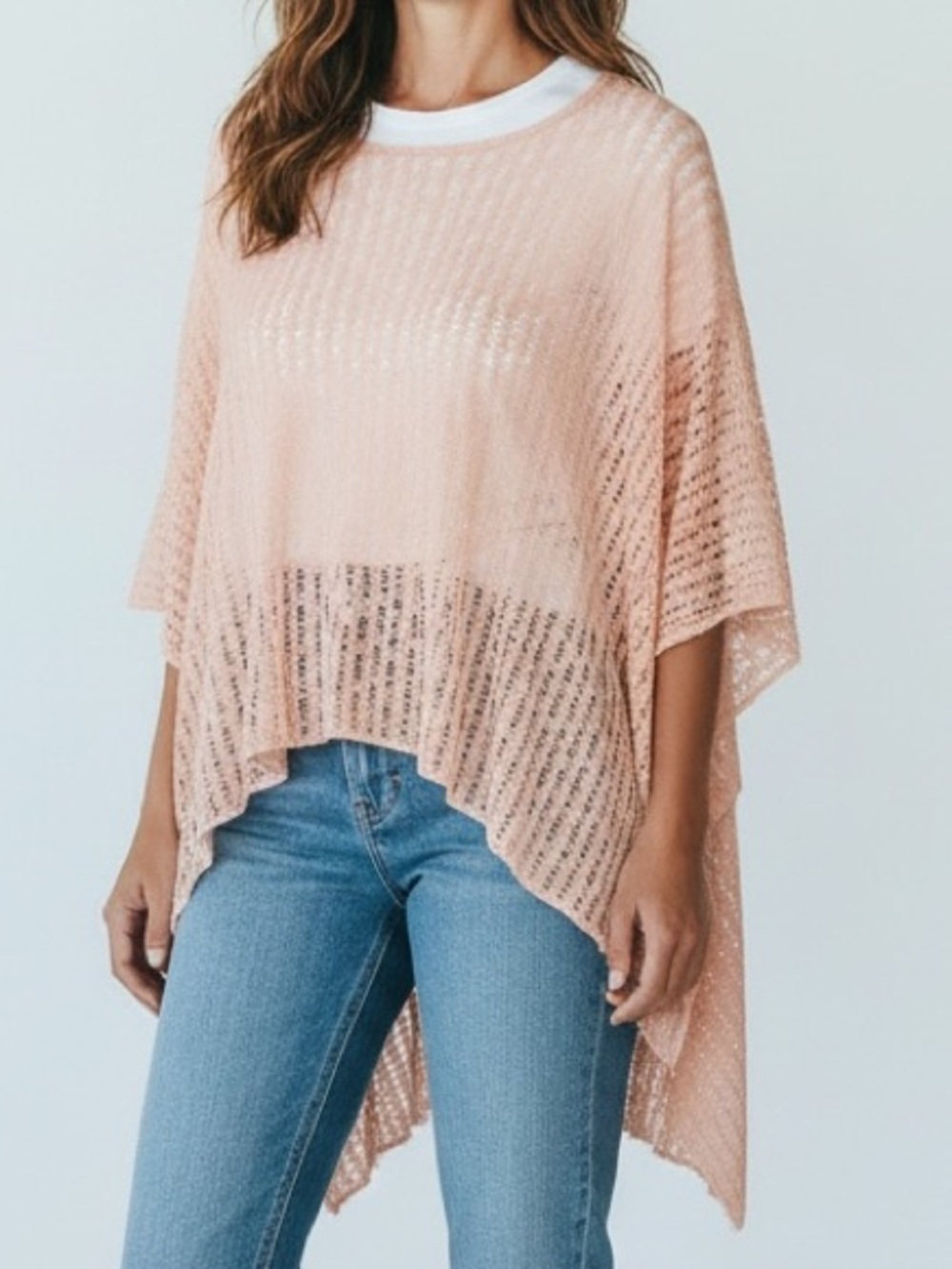 A’Reve Blush Peach Open Knit Poncho Tunic Top S/M NWT